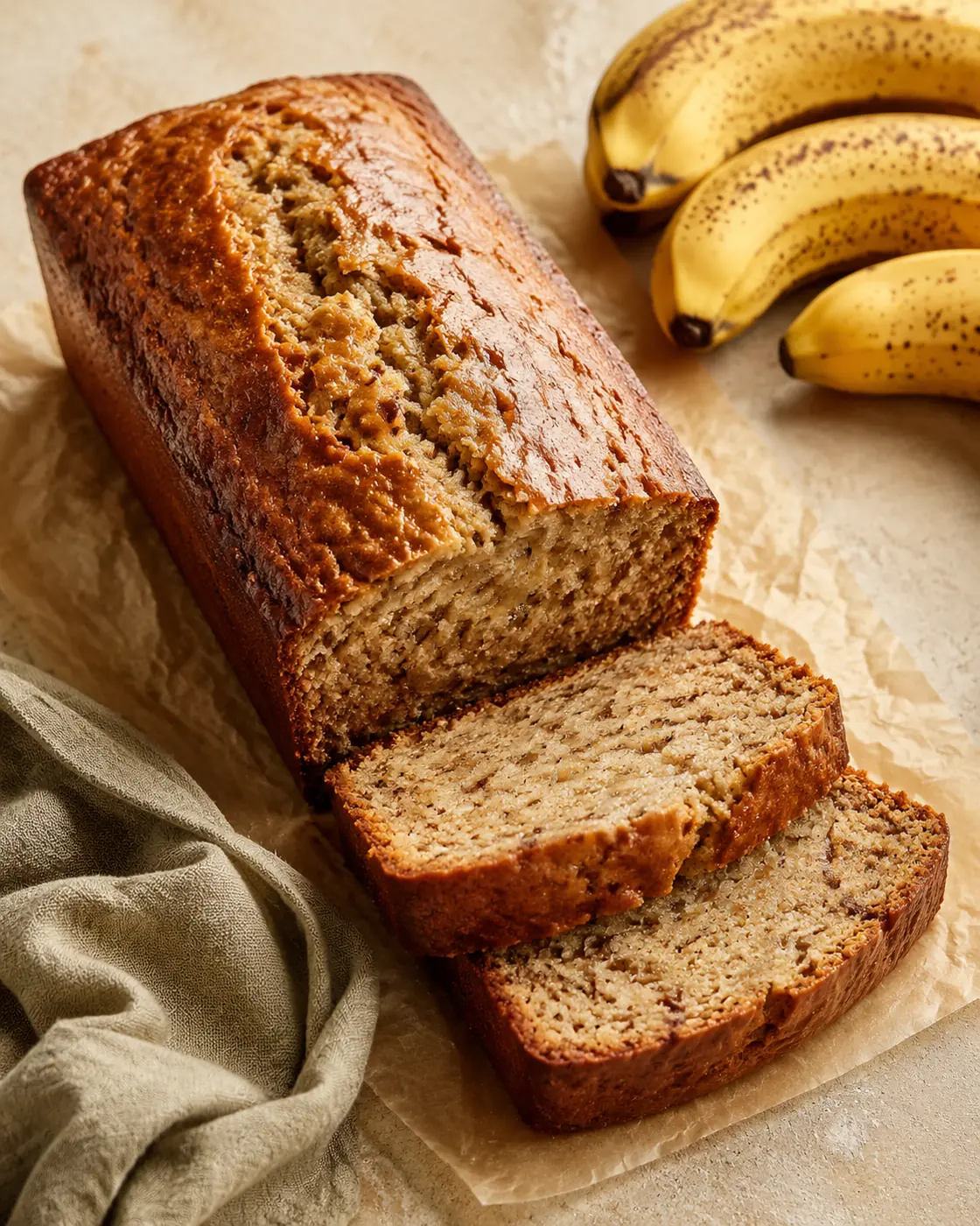 Freshly sliced moist banana bread with ripe bananas