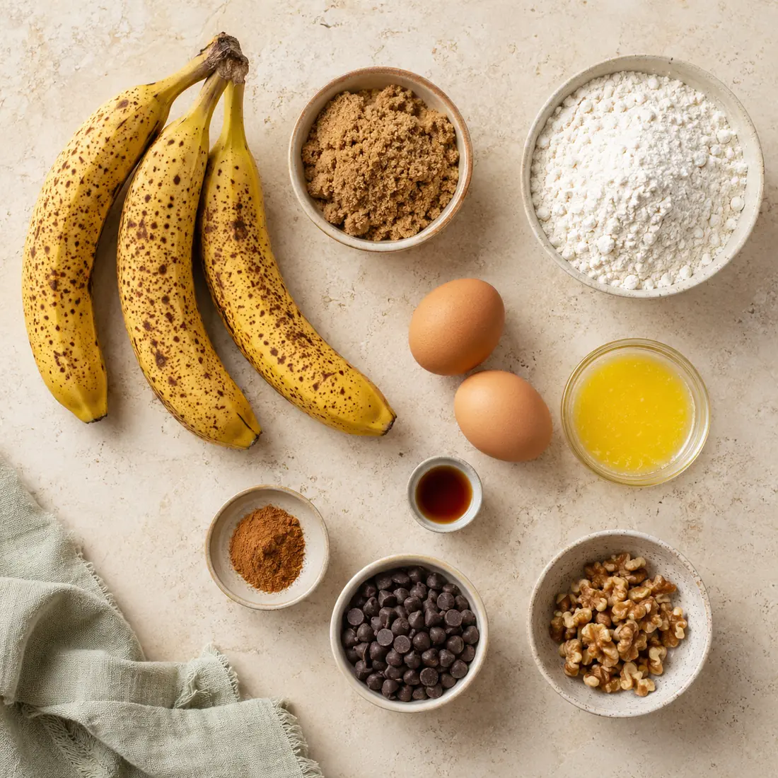 Banana bread ingredients arranged on a cream stone counter