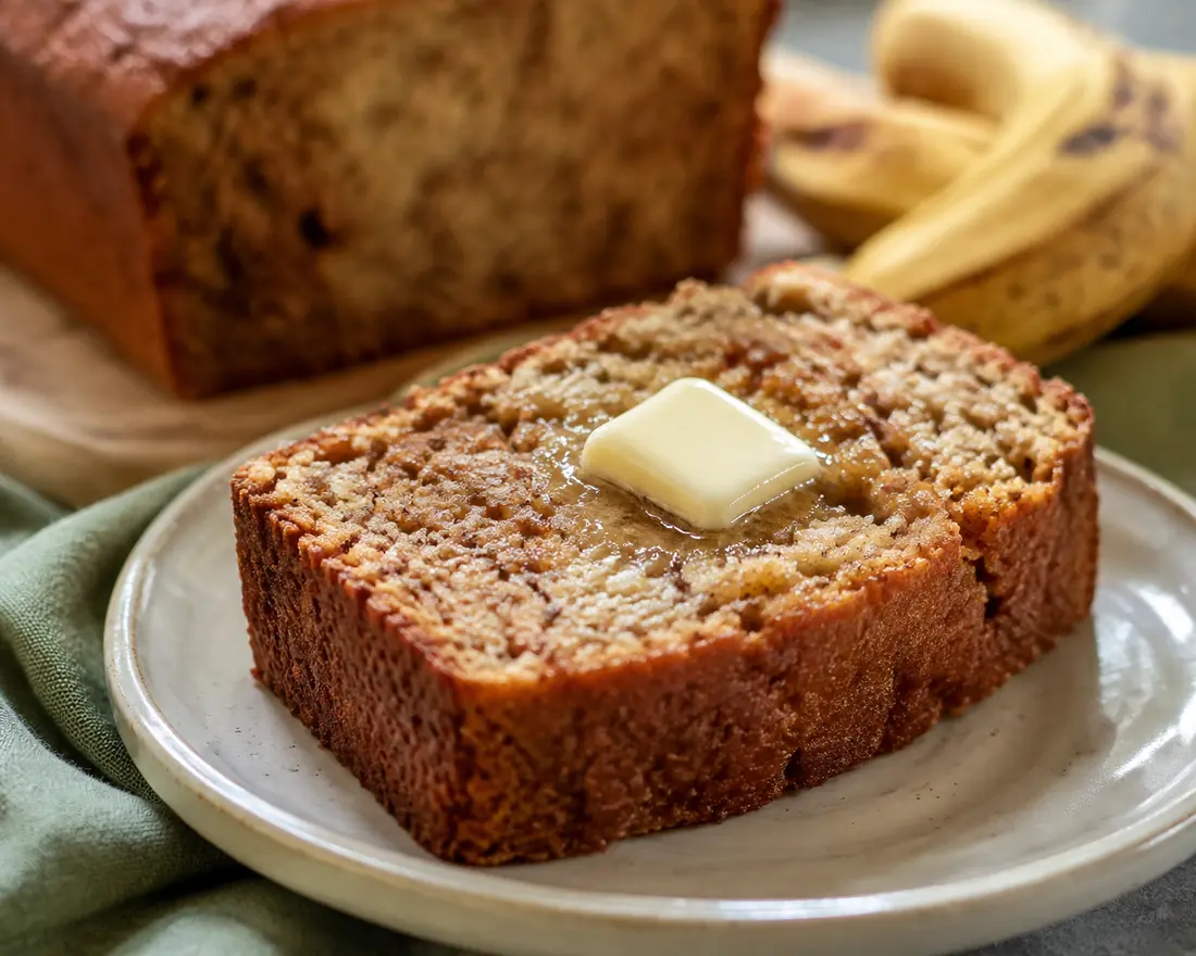 Close-up of a moist banana bread slice with melting butter