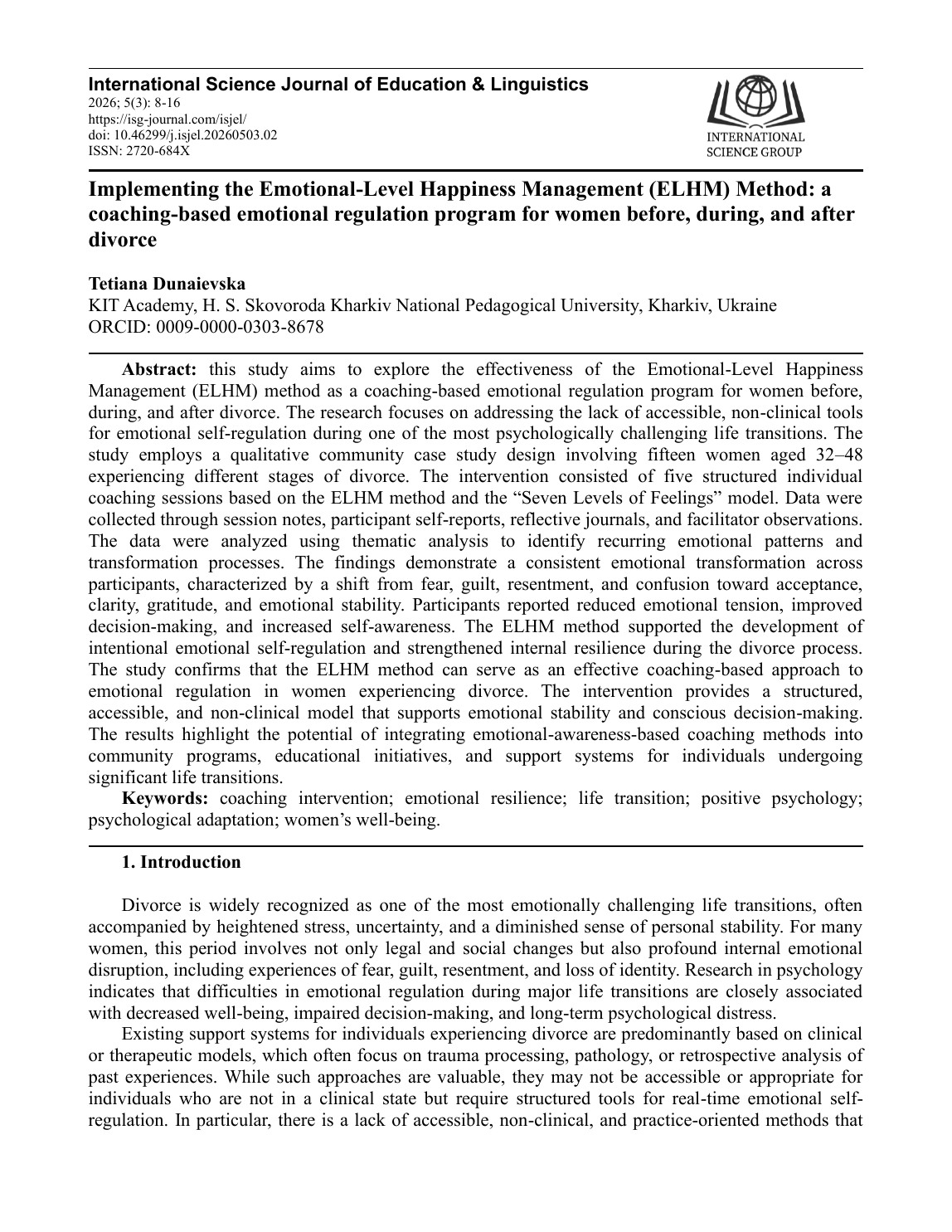 First page of the published ELHM divorce study by Tetiana Dunaievska